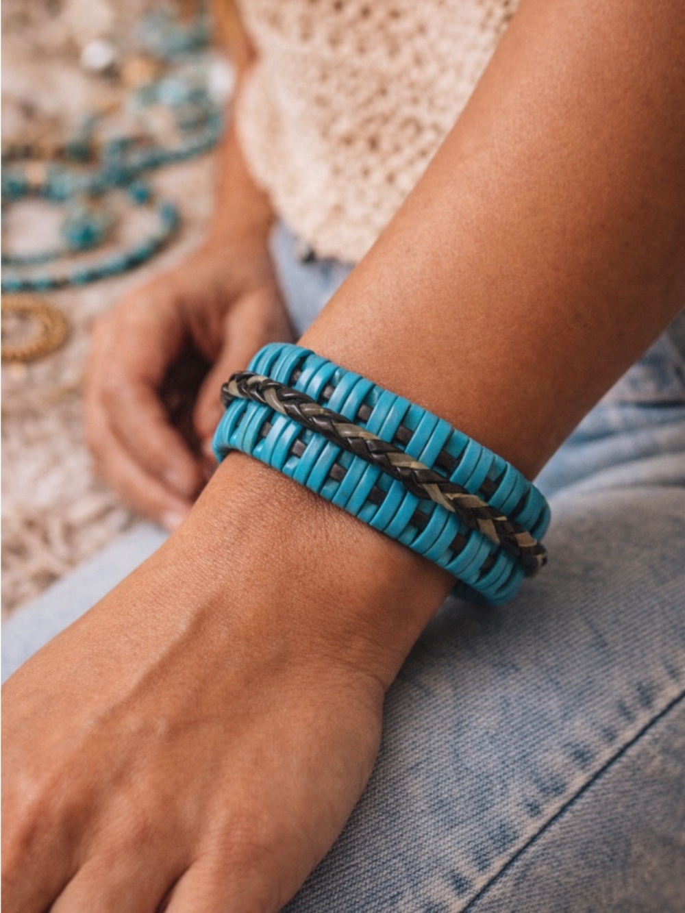 Handmade Blue Wrapped Cuff Bracelet Boho Southwestern Style Statement - Picture 2 of 3